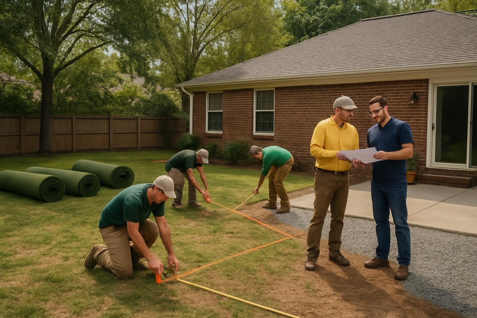 Backyard artificial grass installation in Birmingham with crew measuring and planning costs