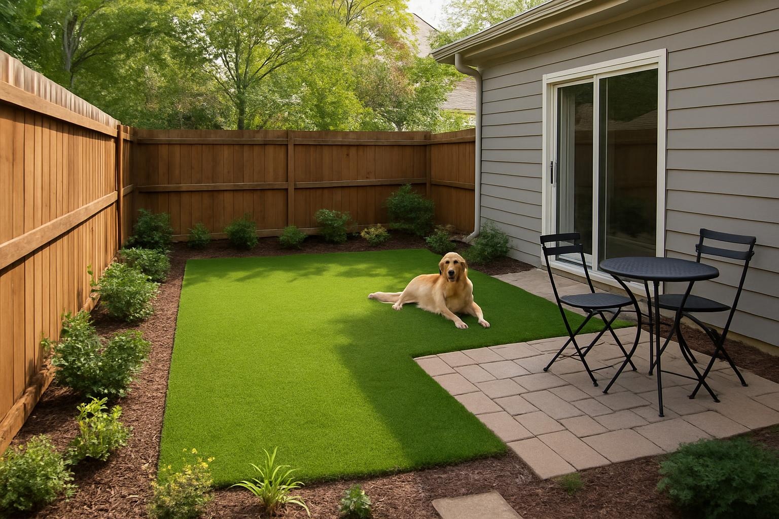 Small backyard artificial grass installation in Birmingham with a tidy seating area and lush green lawn
