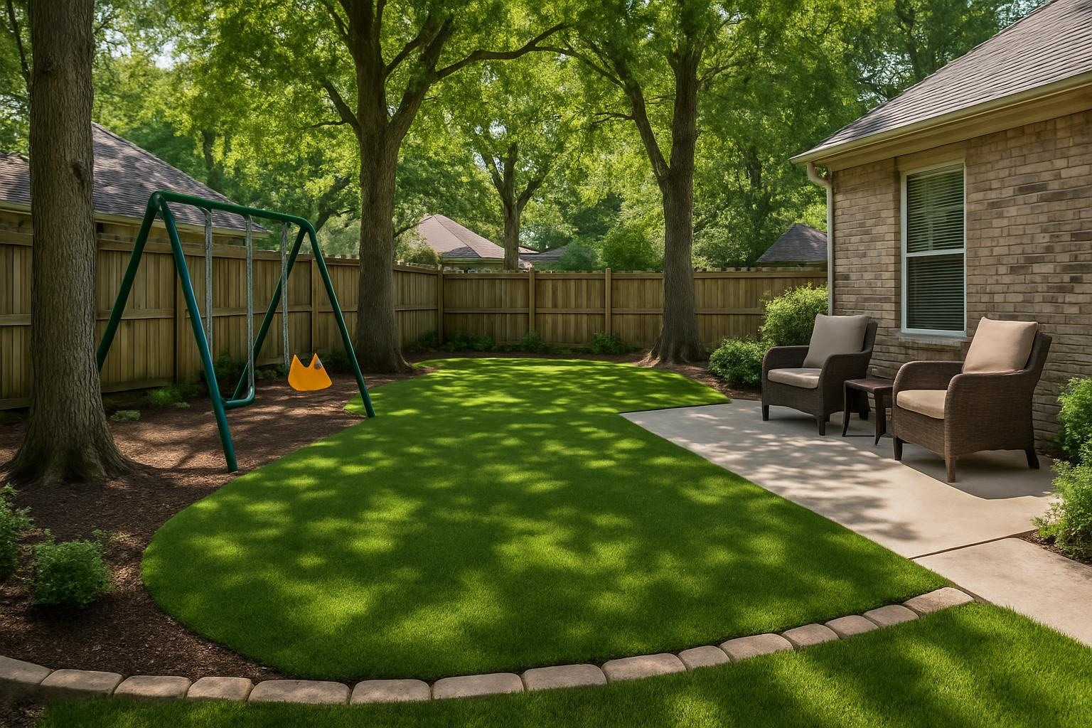 Backyard artificial grass installation in Birmingham with family-friendly play lawn and patio