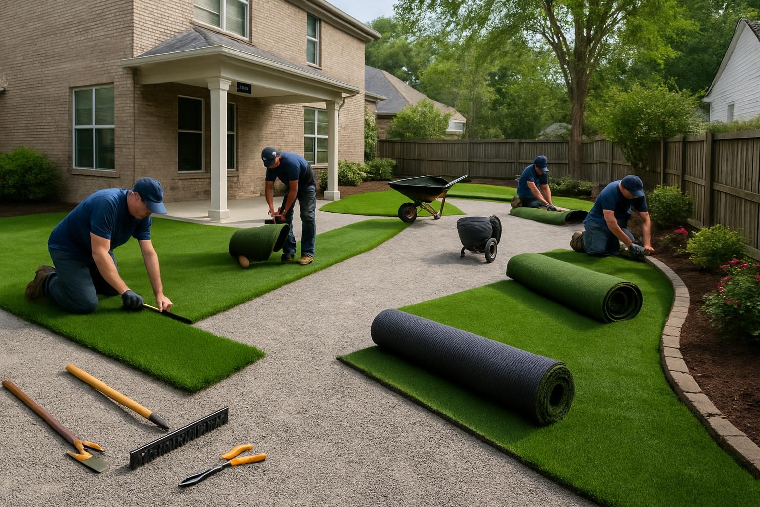 Crew completing an artificial grass installation in a Birmingham backyard
