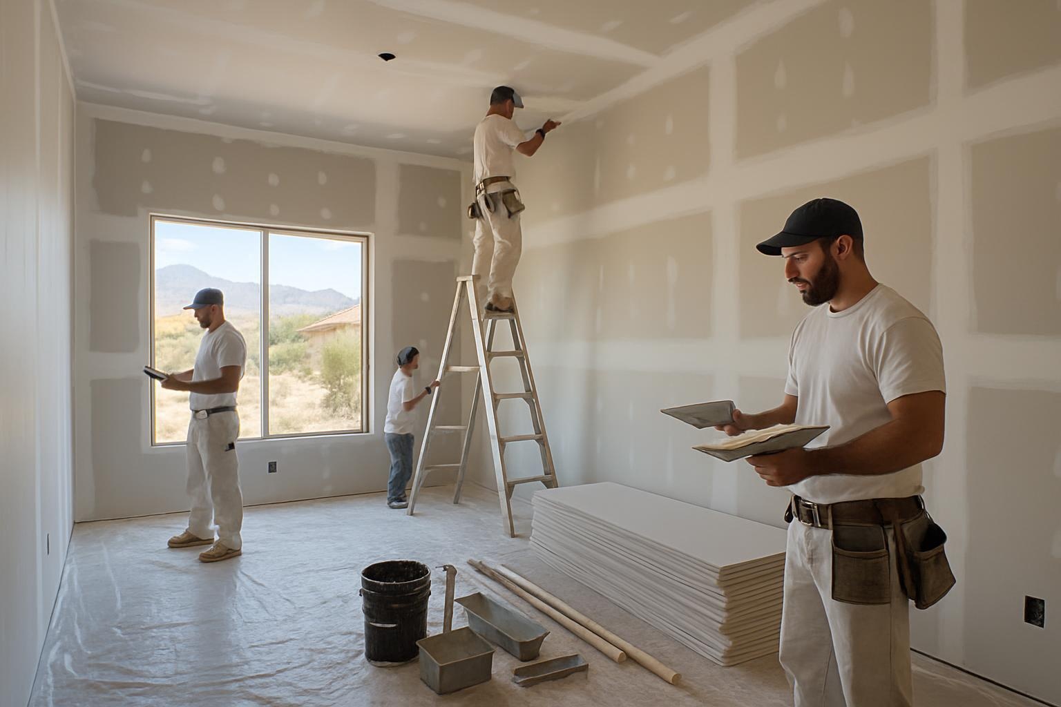 Crew completing drywall installation in a new El Paso living room, preparing walls for texture