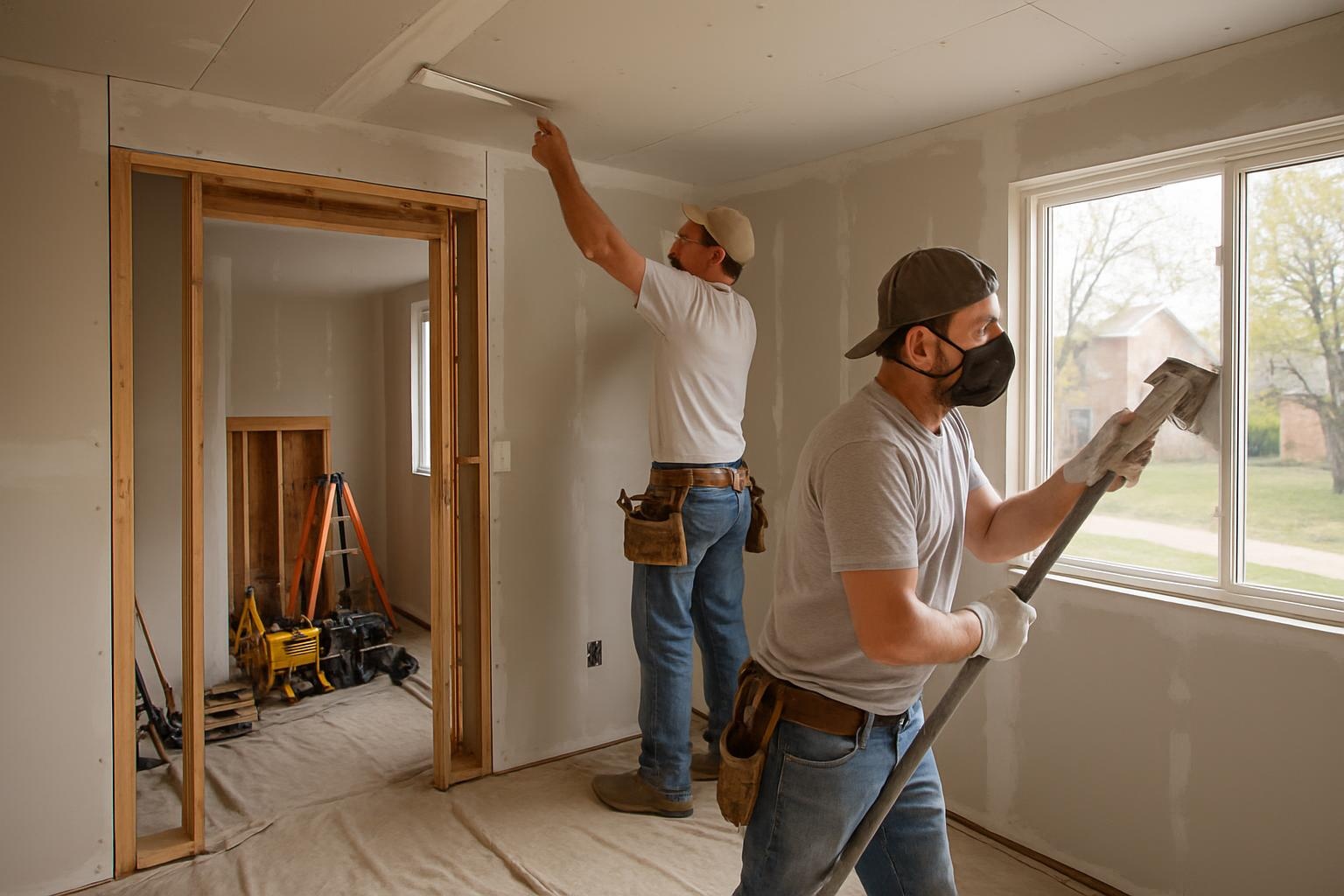 Crew completing drywall installation and finishing during a home remodel in Thornton CO
