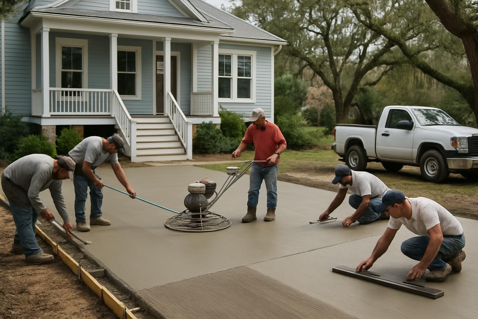 Crew installing a new concrete driveway in Biloxi, MS with a local concrete contractor finishing the surface