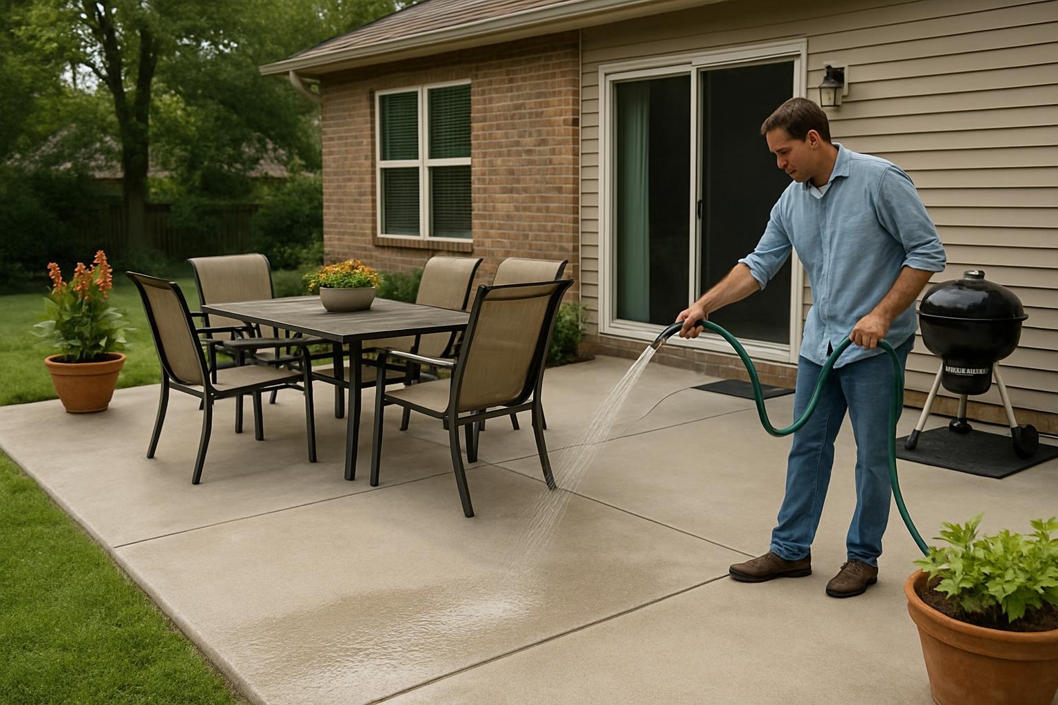 Concrete patio maintained by a concrete contractor in Biloxi, MS with clean sealed surface and outdoor furniture
