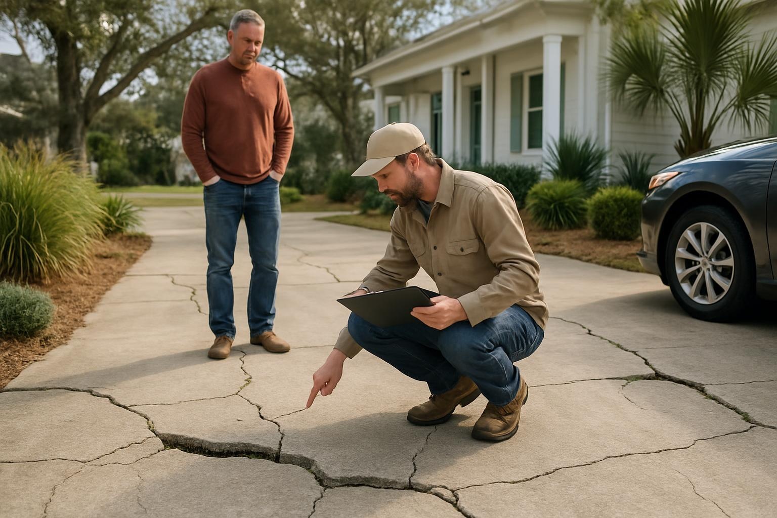 Concrete contractor inspecting cracked concrete driveway in Biloxi, MS for repair or replacement options