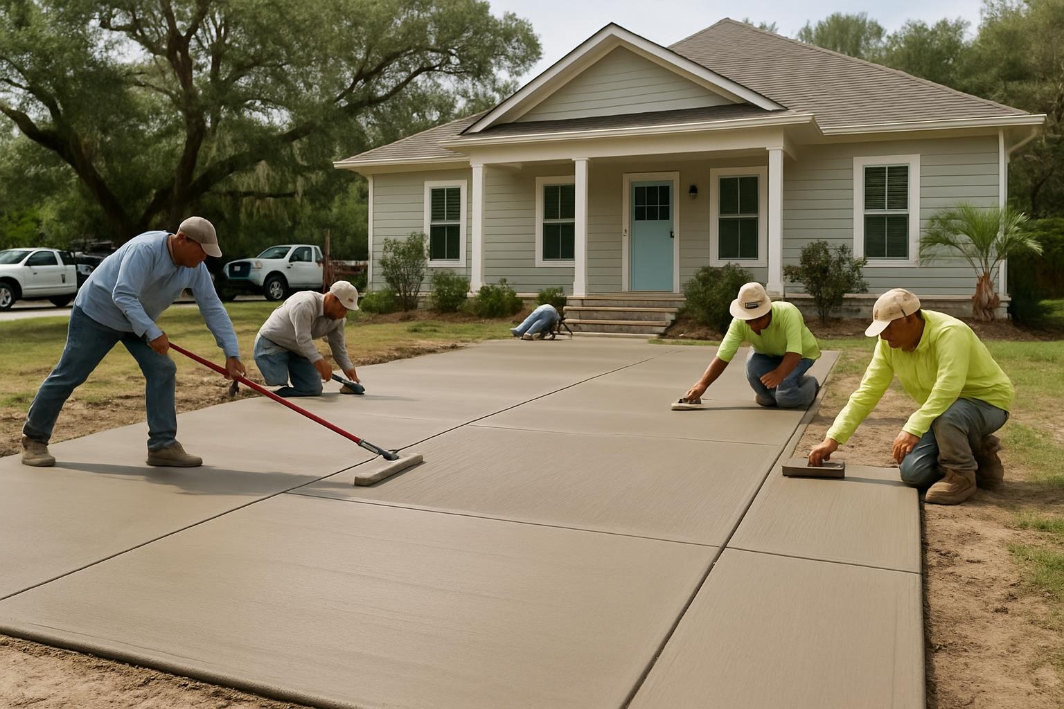 New concrete driveway installed by a concrete contractor in Biloxi, MS in front of a coastal style home