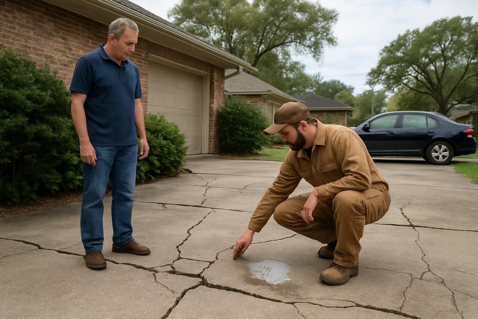 Aging concrete driveway in Biloxi, MS showing cracks and settlement being inspected by a concrete contractor