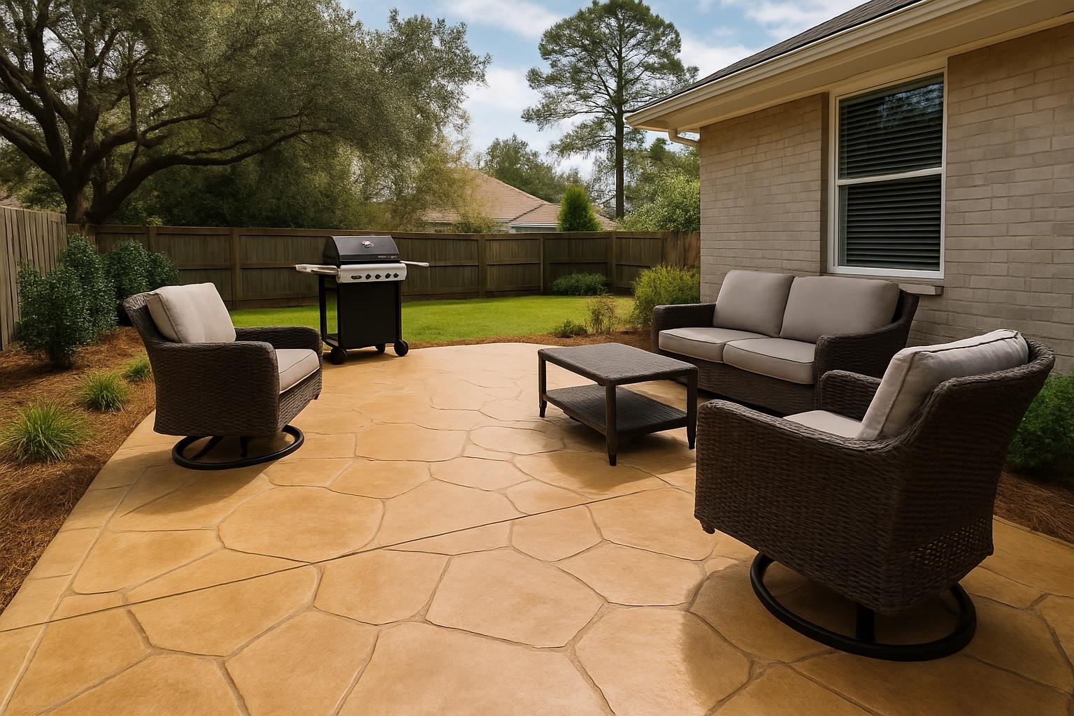 Stamped concrete patio installed by a concrete contractor in Biloxi, MS with a coastal stone pattern