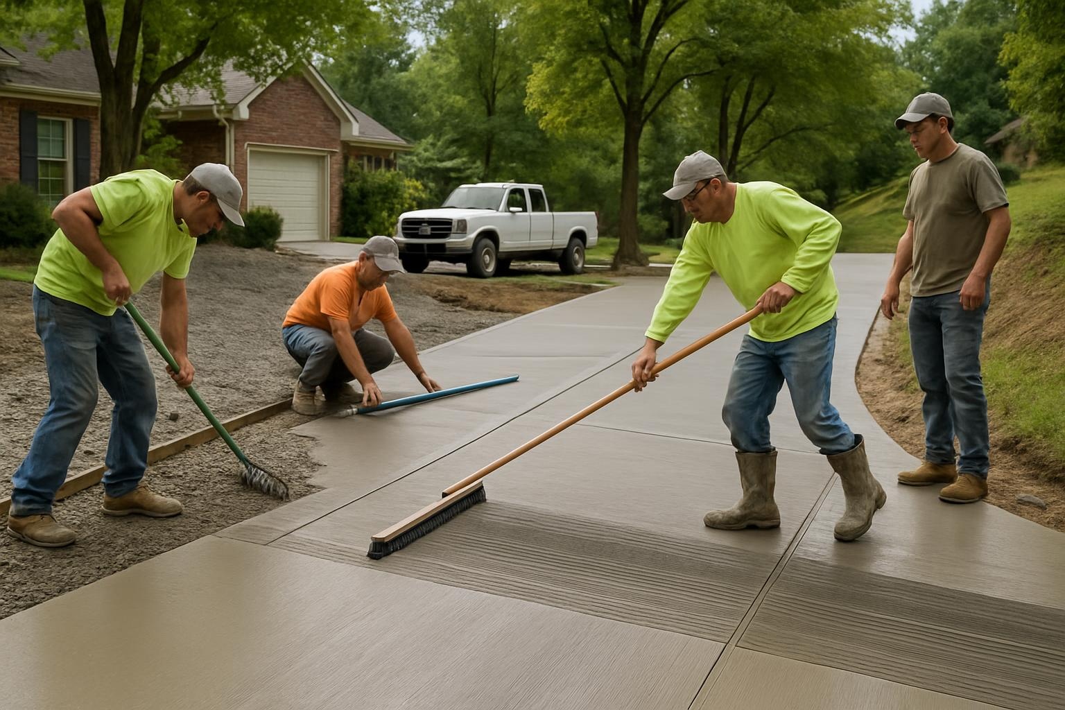 Concrete contractor finishing a new concrete driveway in Chattanooga TN