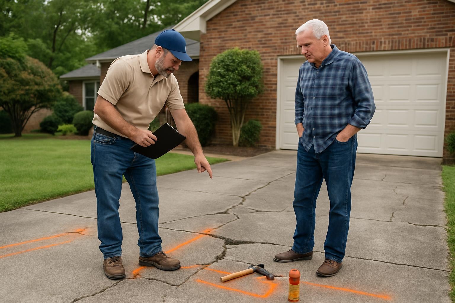 Concrete contractor assessing cracks for driveway repair vs replacement in Chattanooga TN