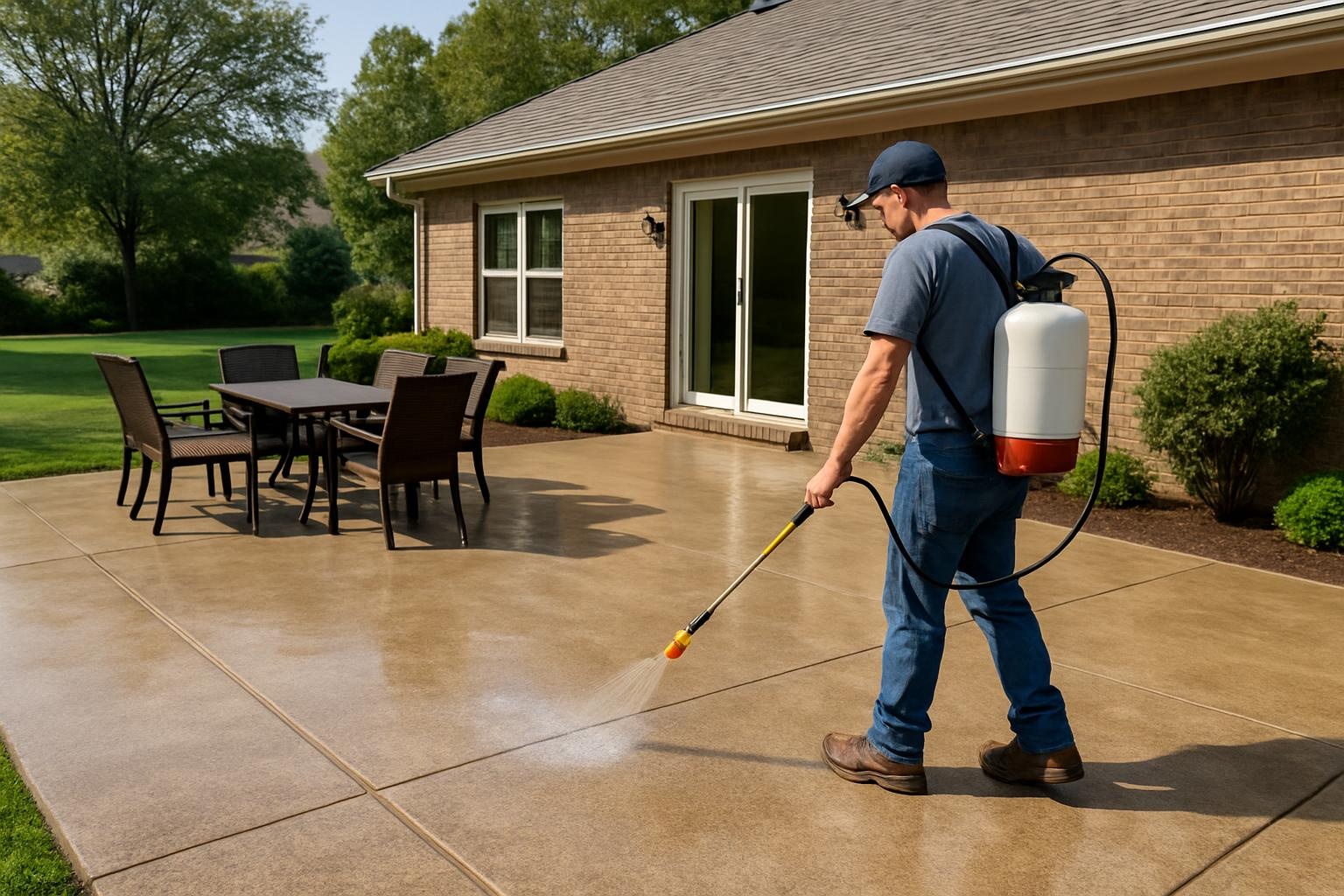 Concrete contractor cleaning and sealing a concrete patio in Chattanooga TN