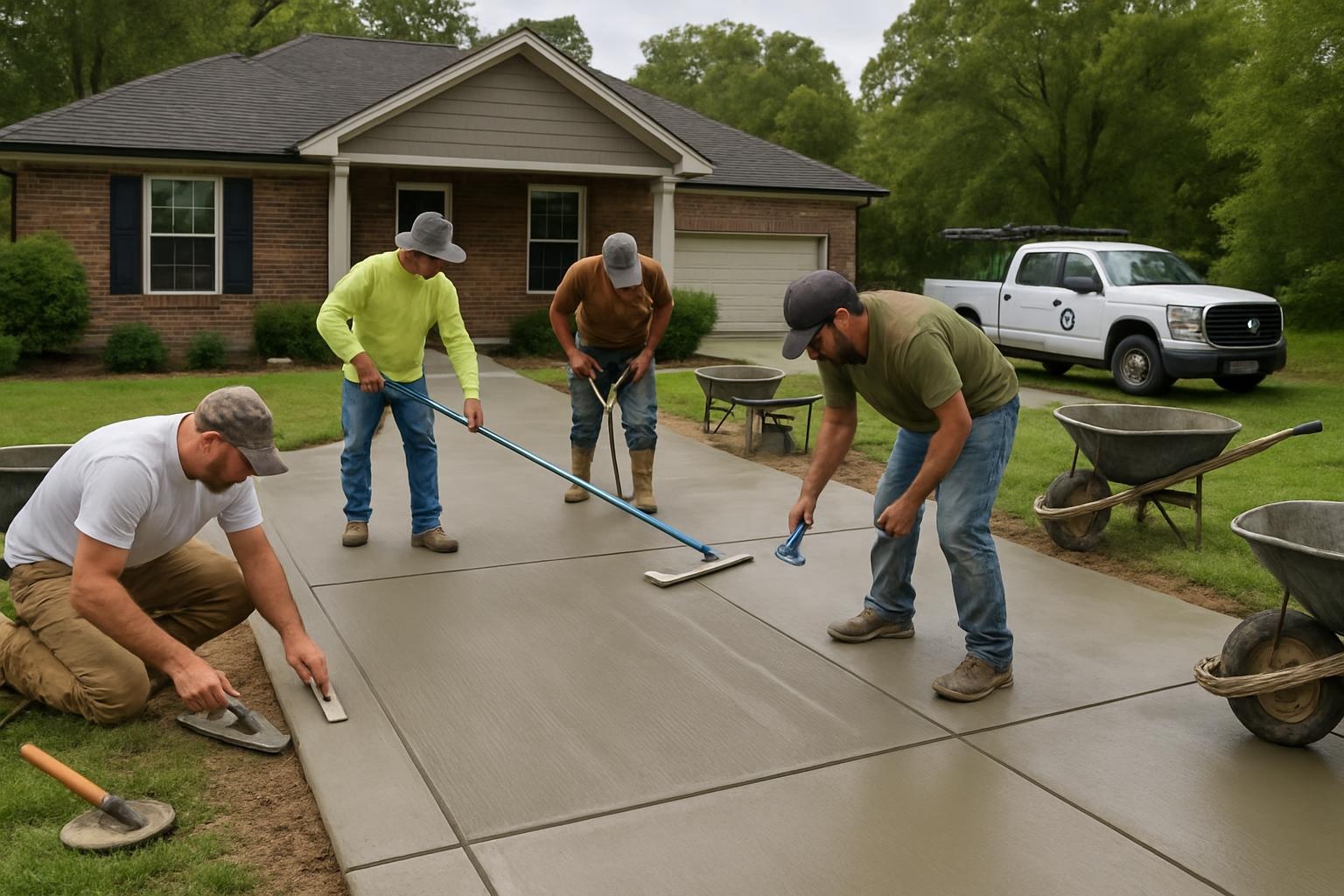 Concrete contractor finishing a new concrete driveway in Chattanooga with smooth, even edges