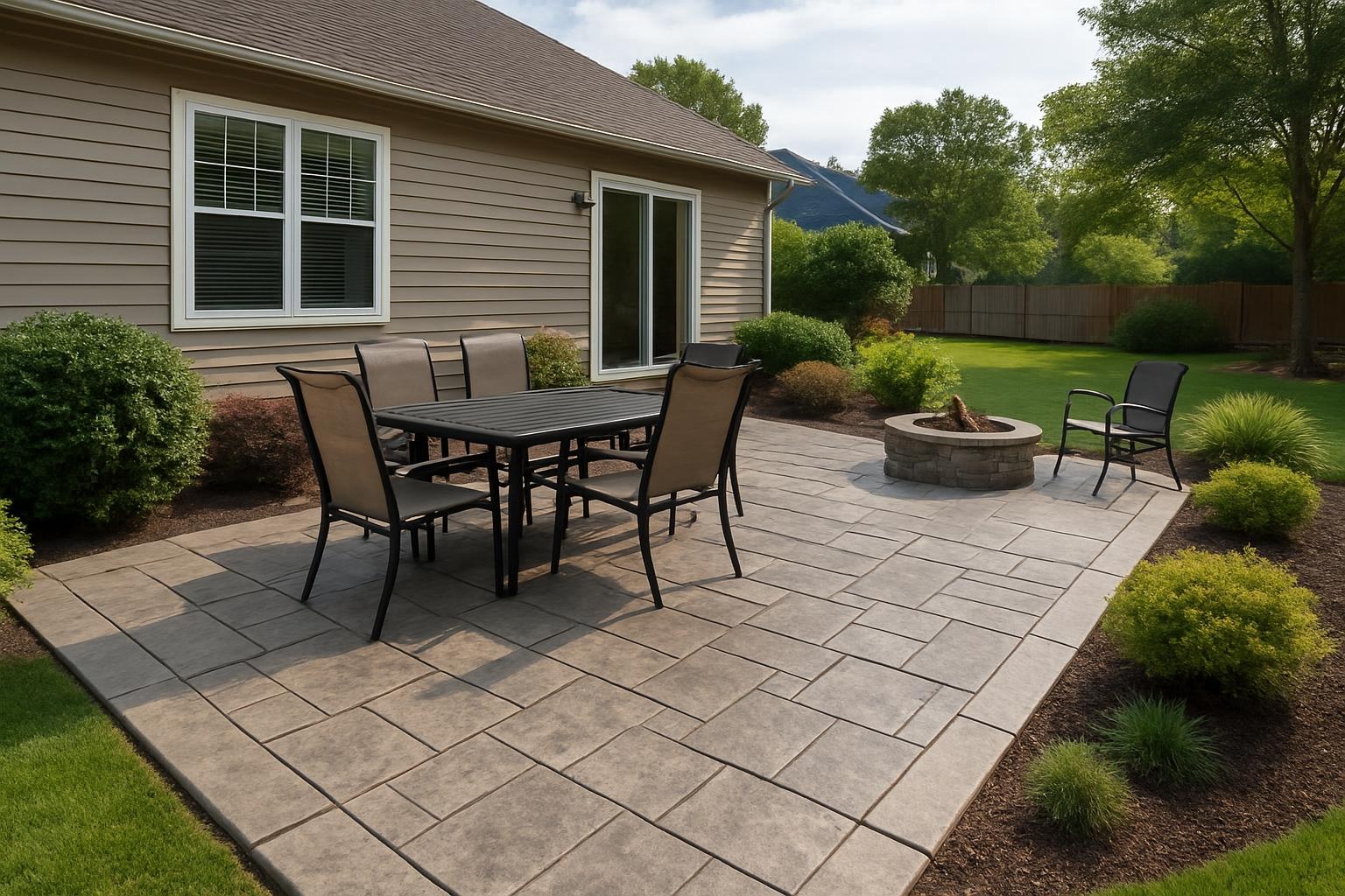 Stamped concrete patio installed by a concrete contractor in Chattanooga TN with slate pattern and outdoor furniture