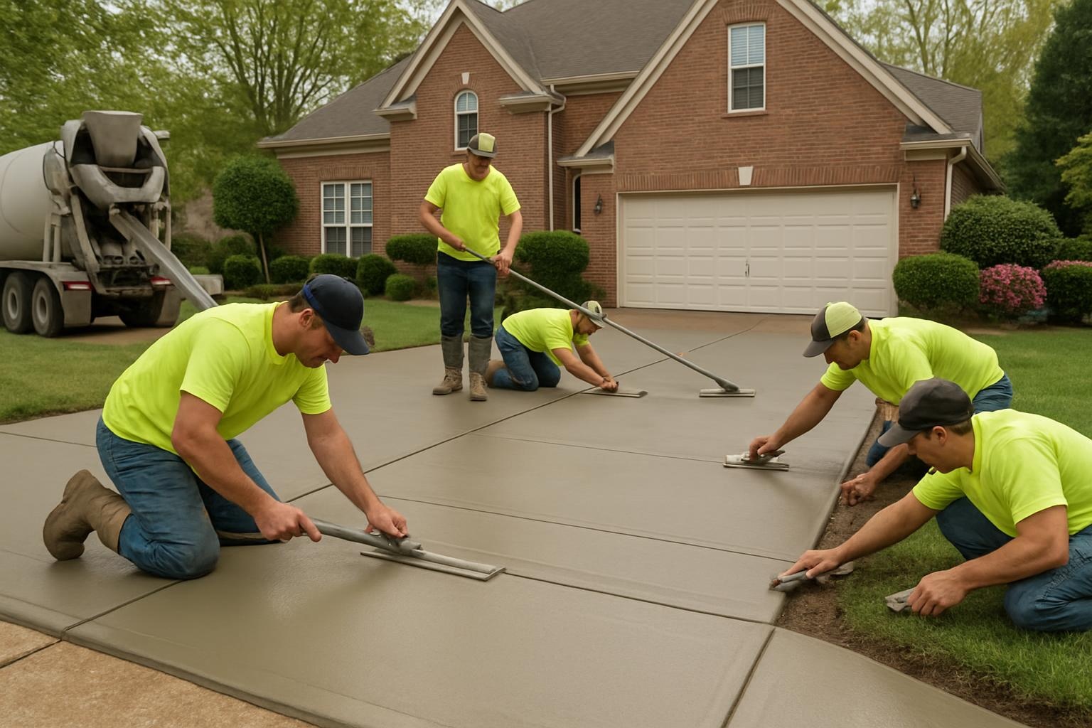 Concrete contractor installing a new concrete driveway at a home in Collierville
