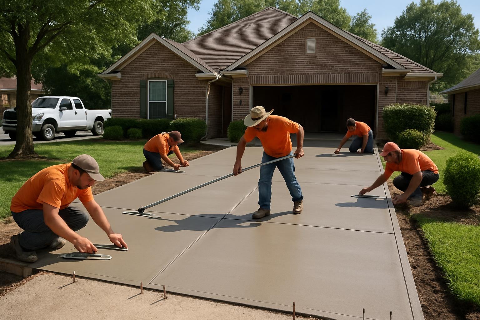 Concrete contractor finishing a new concrete driveway in Conway, AR