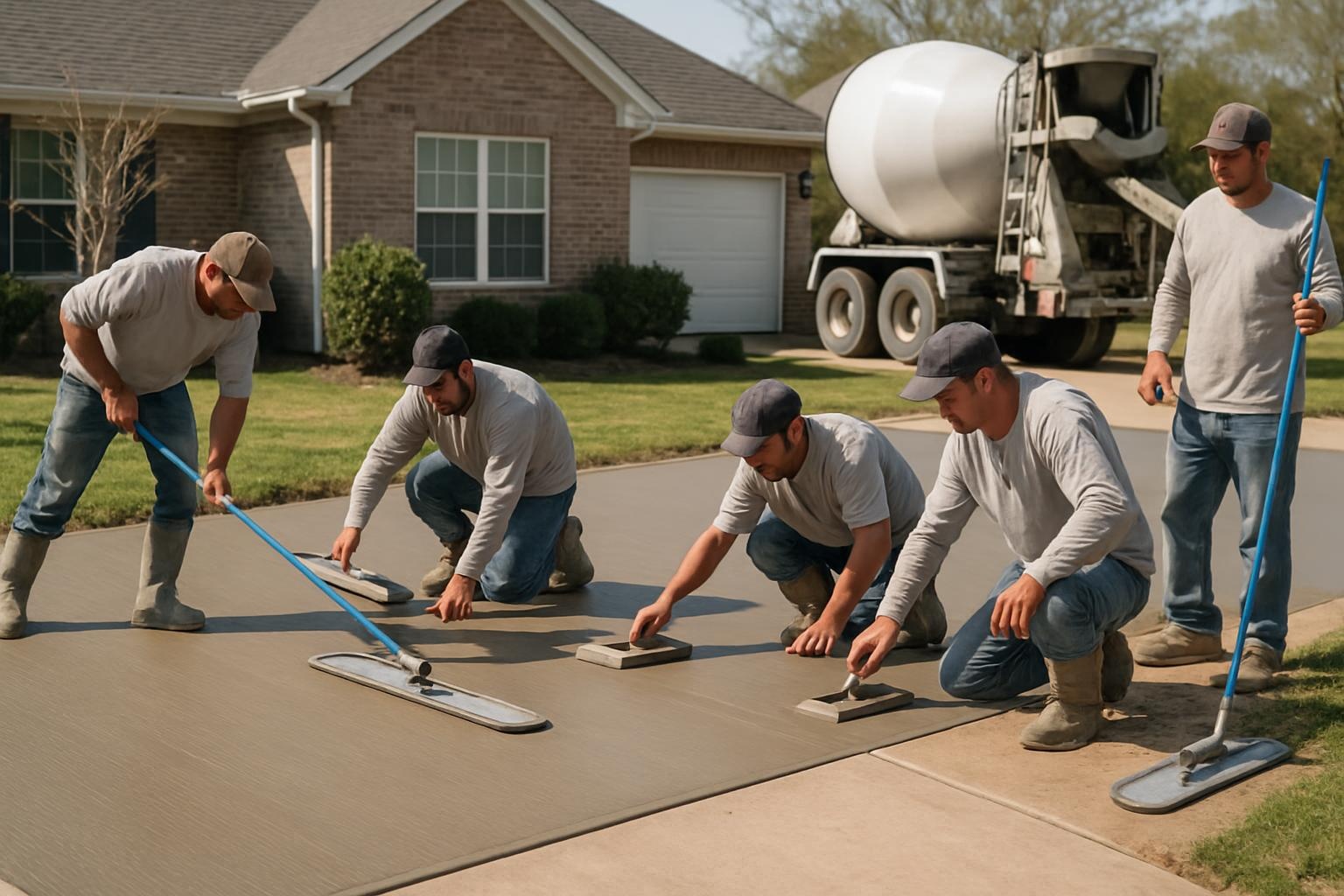 Concrete contractor finishing a new concrete driveway in Conway, AR for Conway Concrete Company