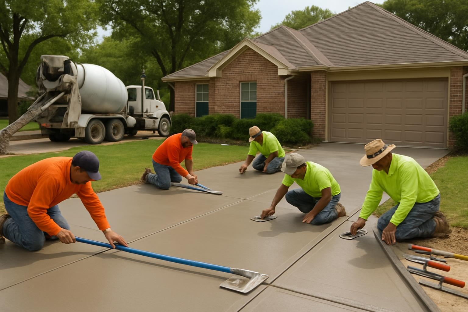Concrete contractor finishing a residential concrete driveway in Tyler, TX