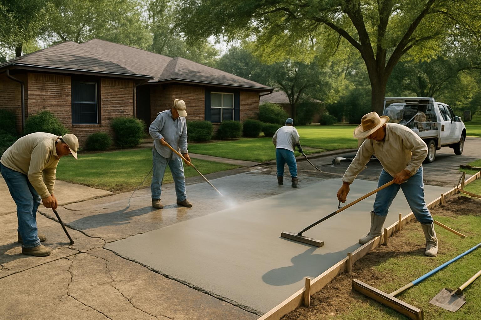 Concrete contractor performing concrete repair and resurfacing on a residential driveway in Tyler, TX
