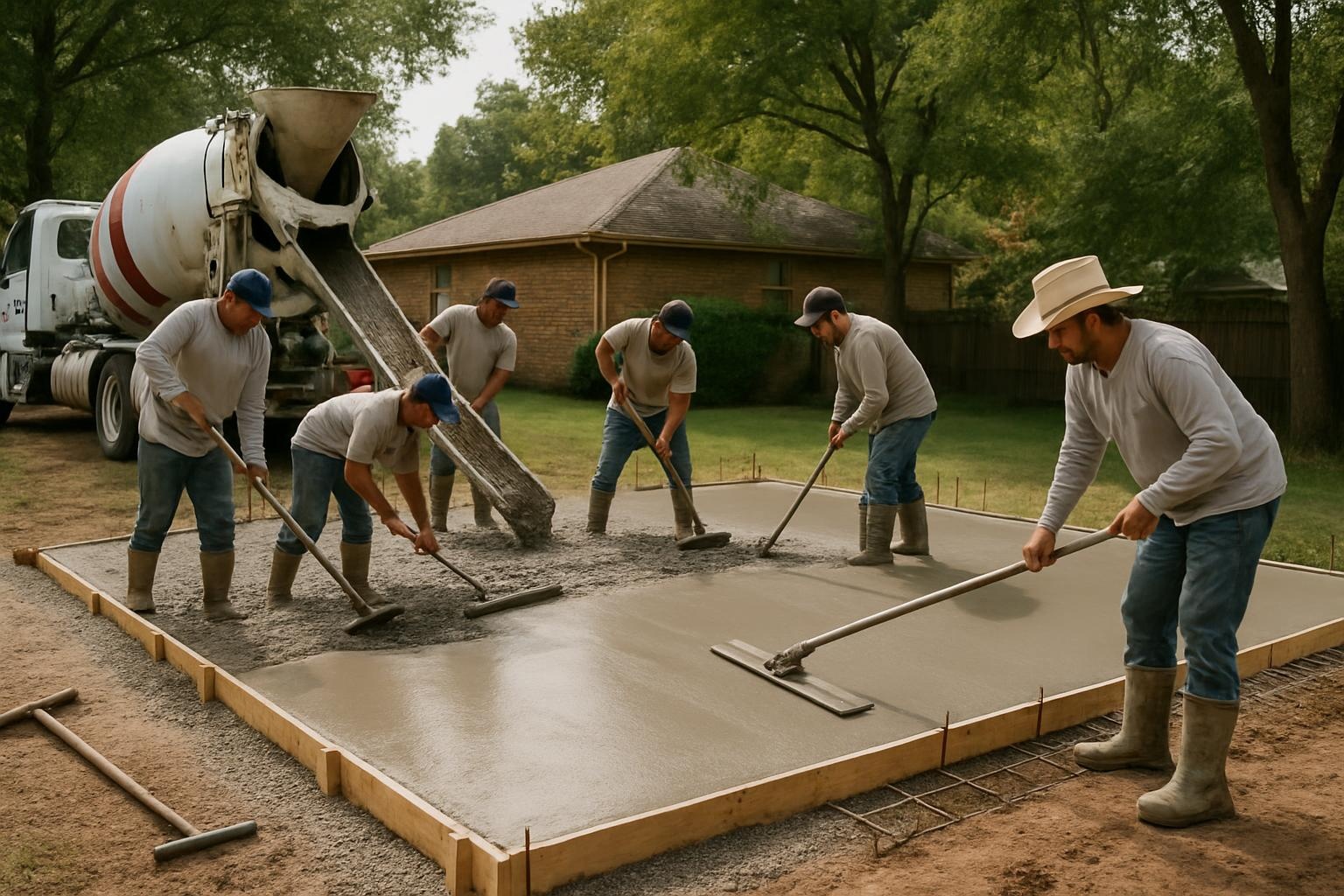 Concrete contractor pouring a reinforced concrete slab for a backyard workshop in Tyler, TX