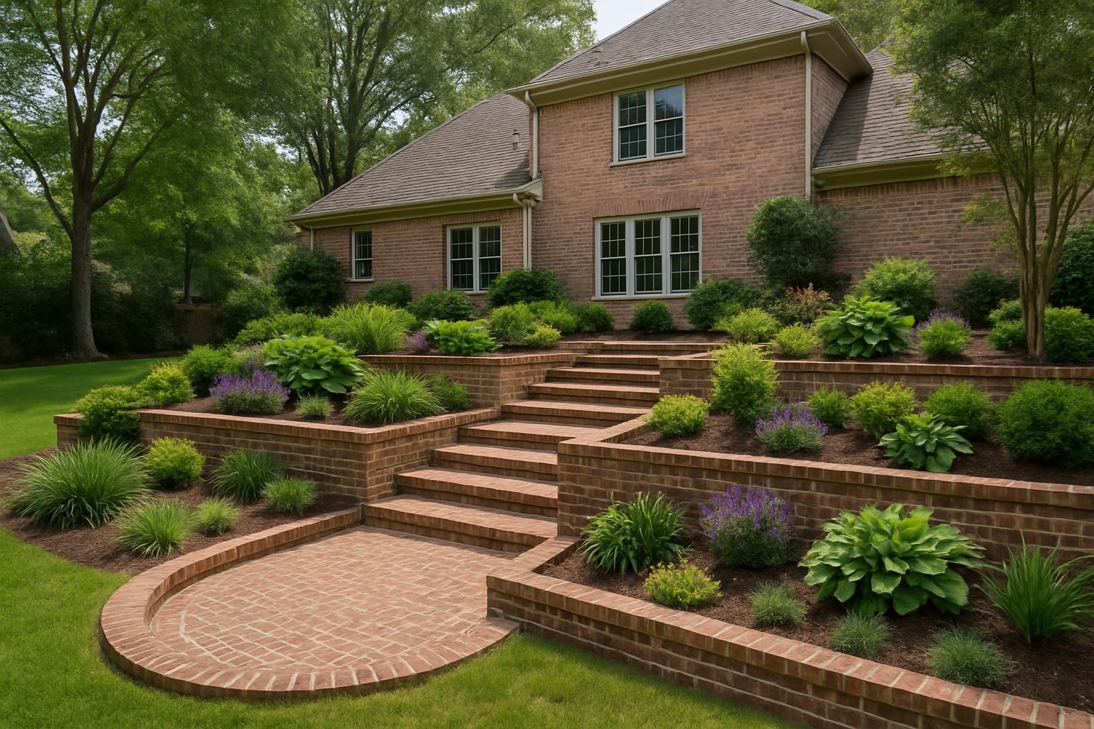 Brick retaining wall masonry in a Germantown TN backyard with tiered landscaping
