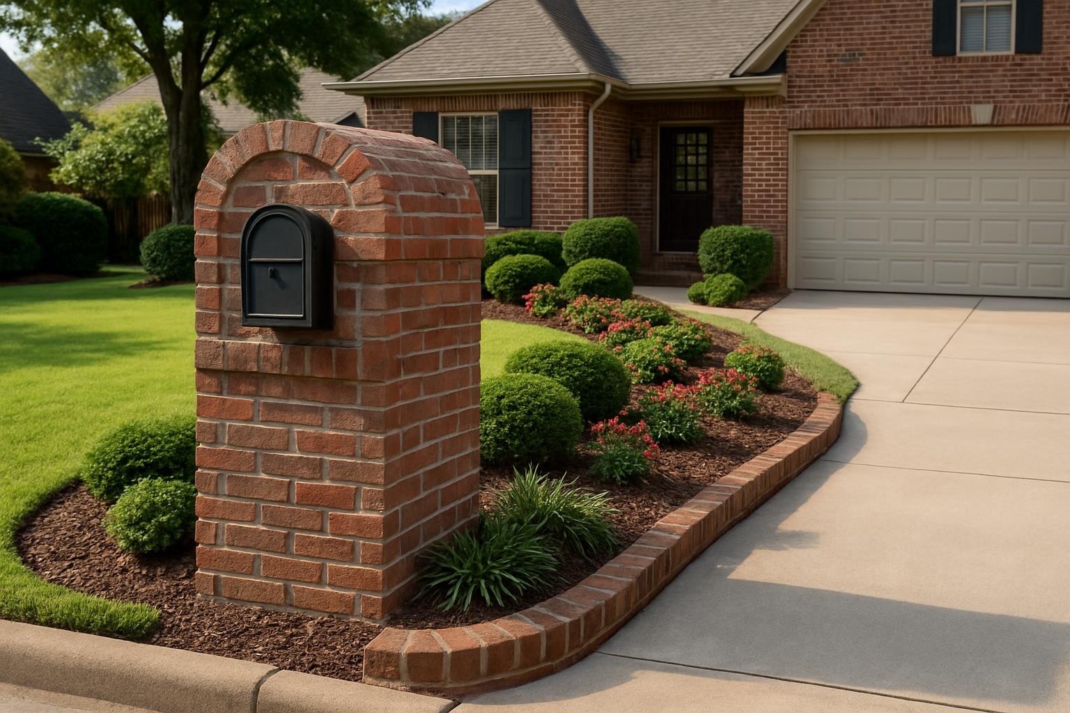 Front yard brick masonry with custom brick mailbox in Germantown showcasing expert masonry work