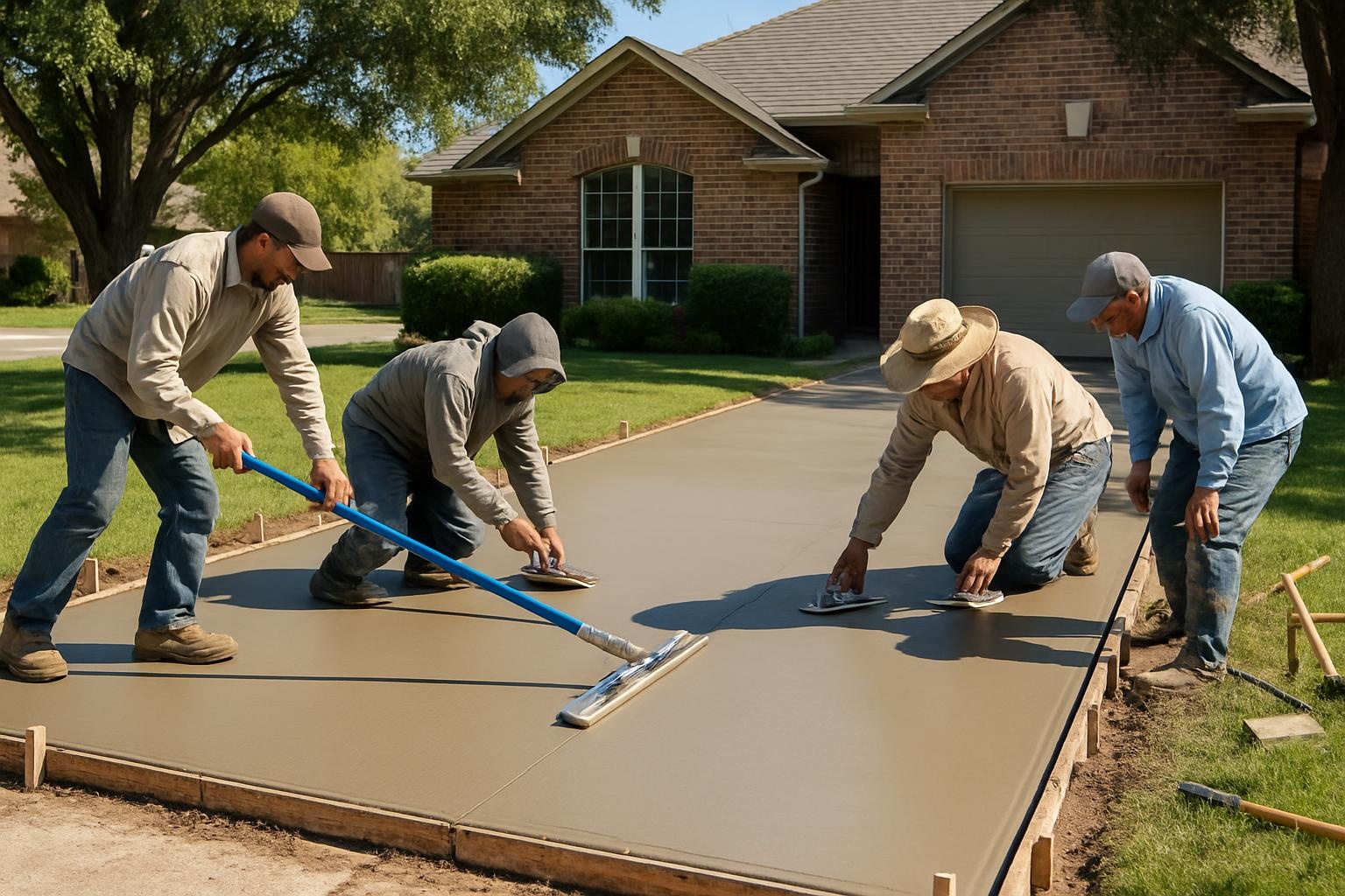Concrete contractor finishing a new residential concrete driveway in Arlington, TX