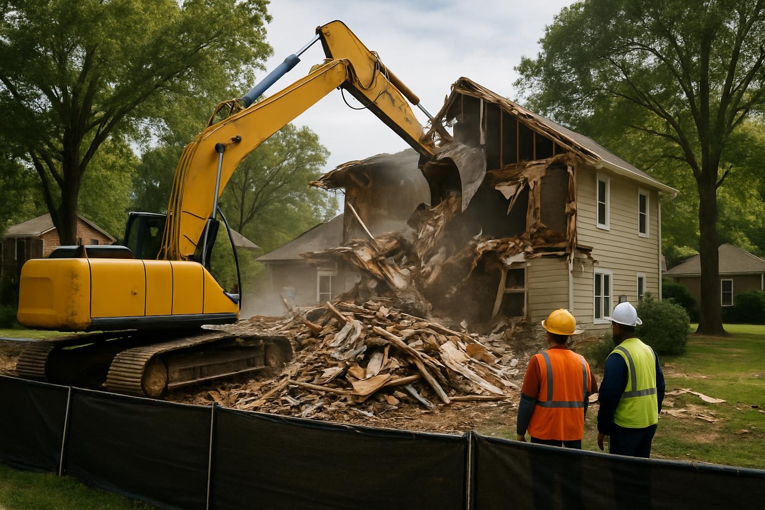 Excavator performing house demolition on a residential lot in Charlotte NC