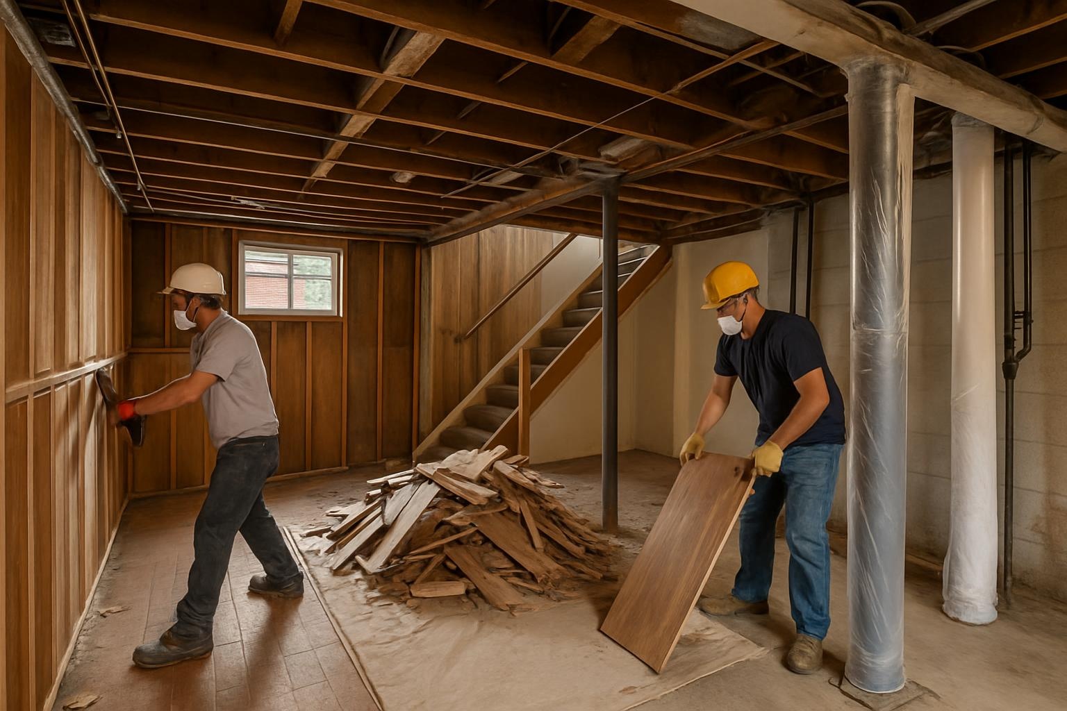 Basement demolition in progress for a residential home in Denver with crews removing old finishes safely