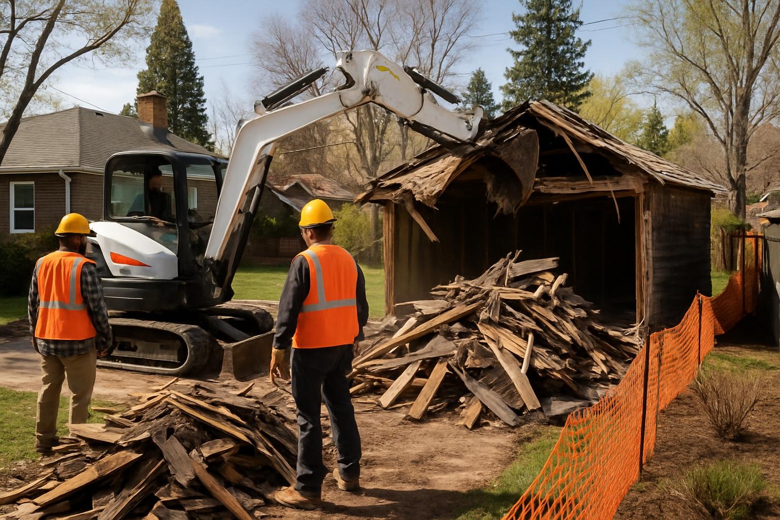 Demolition crew performing garage demolition in Denver with equipment safely tearing down a detached wooden garage
