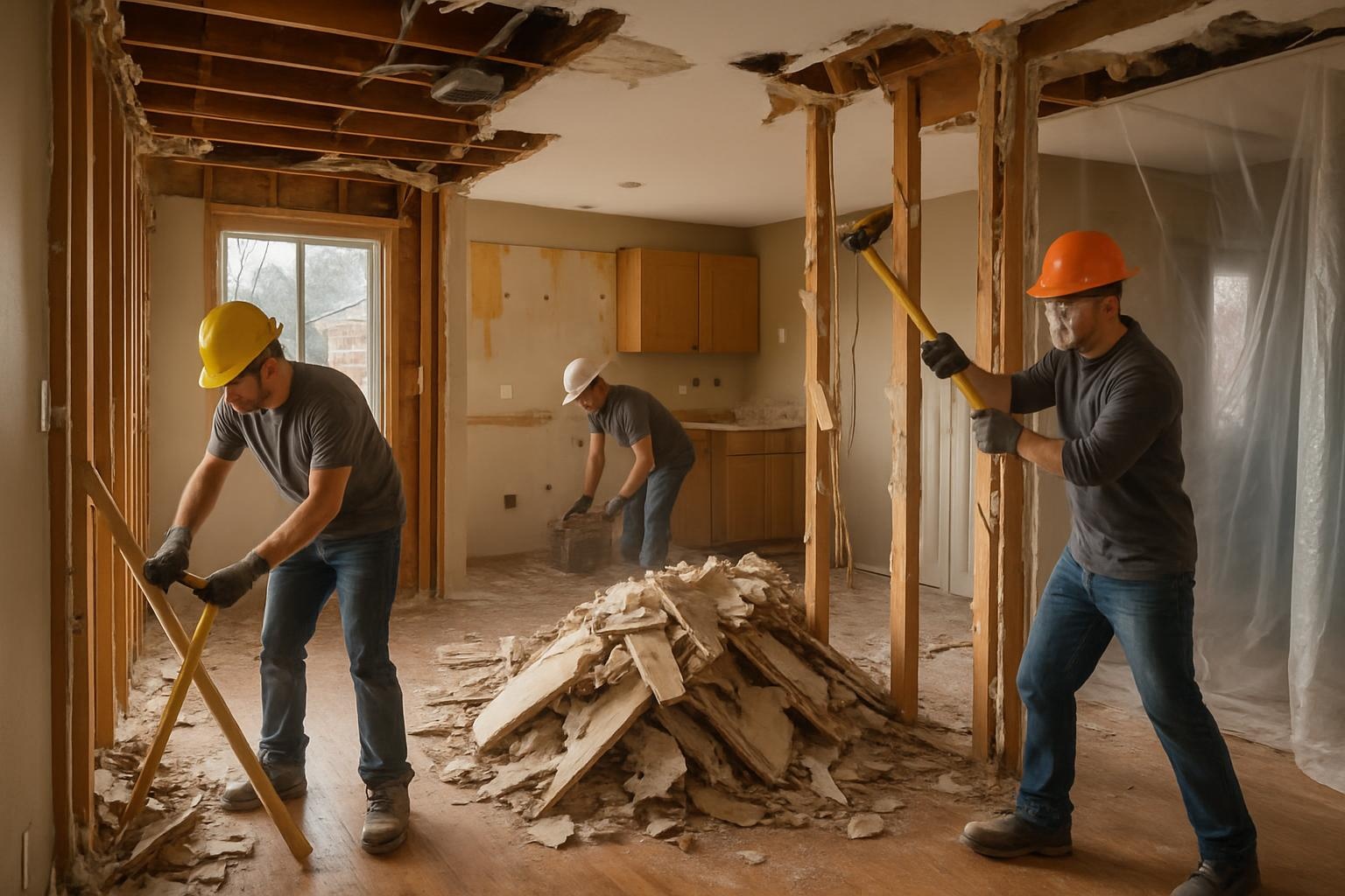 Interior residential demolition in progress in Denver home with walls and cabinets being safely removed