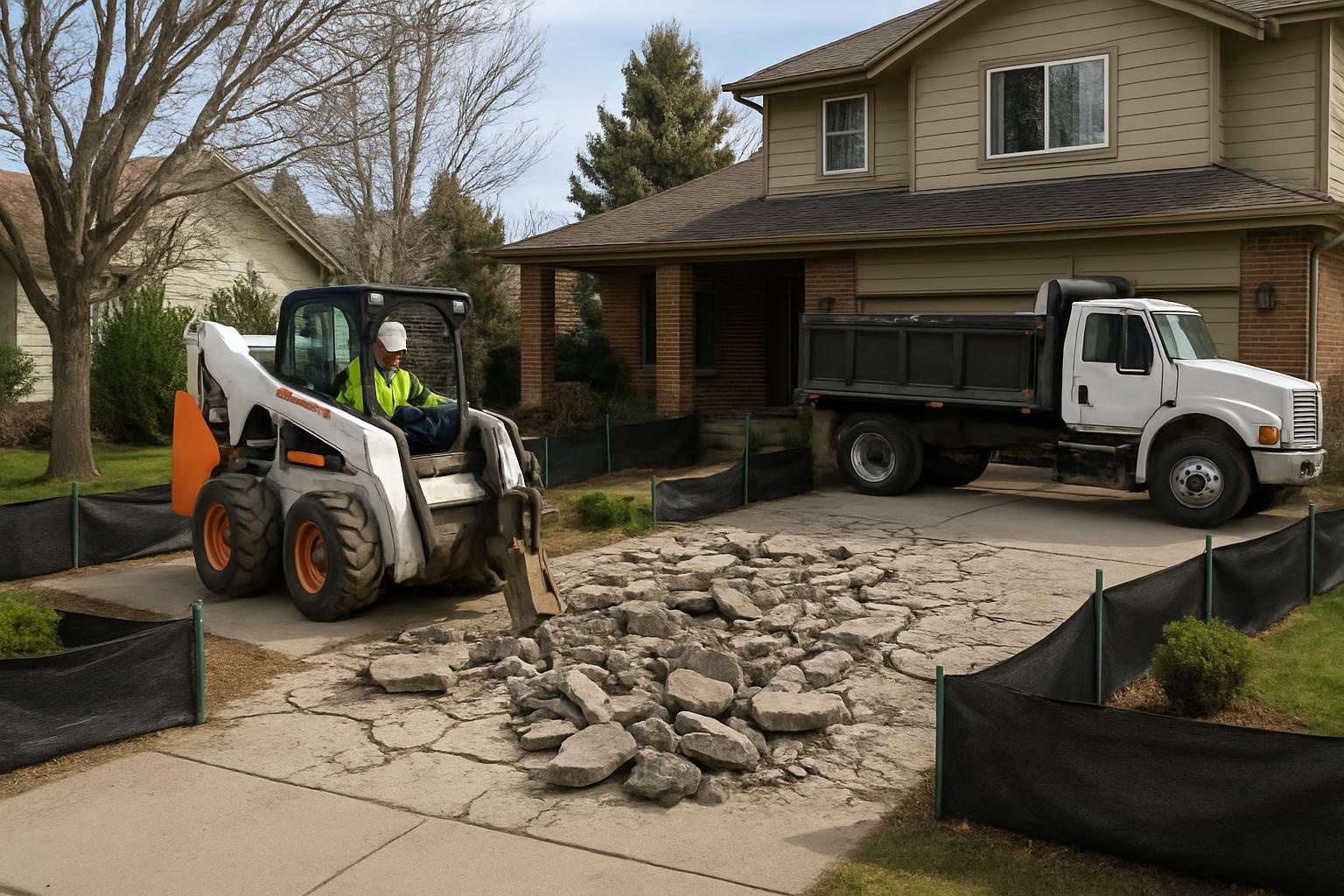 Crew performing concrete driveway demolition in Denver for a residential home