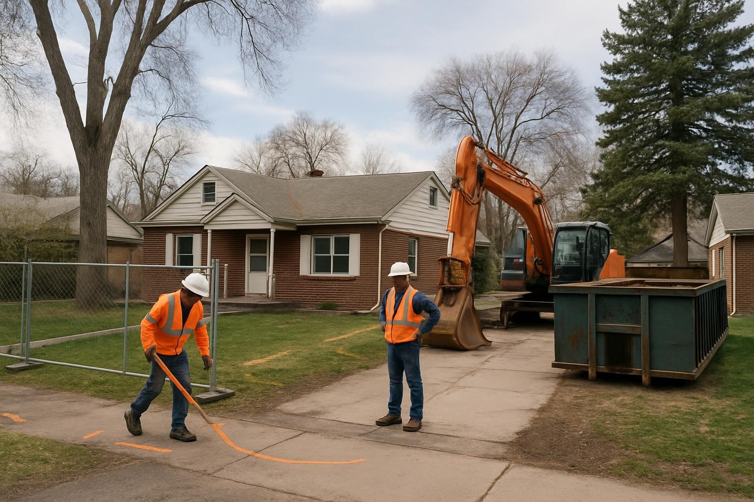 House demolition preparation in Denver with crews assessing utilities and grading around a home before teardown