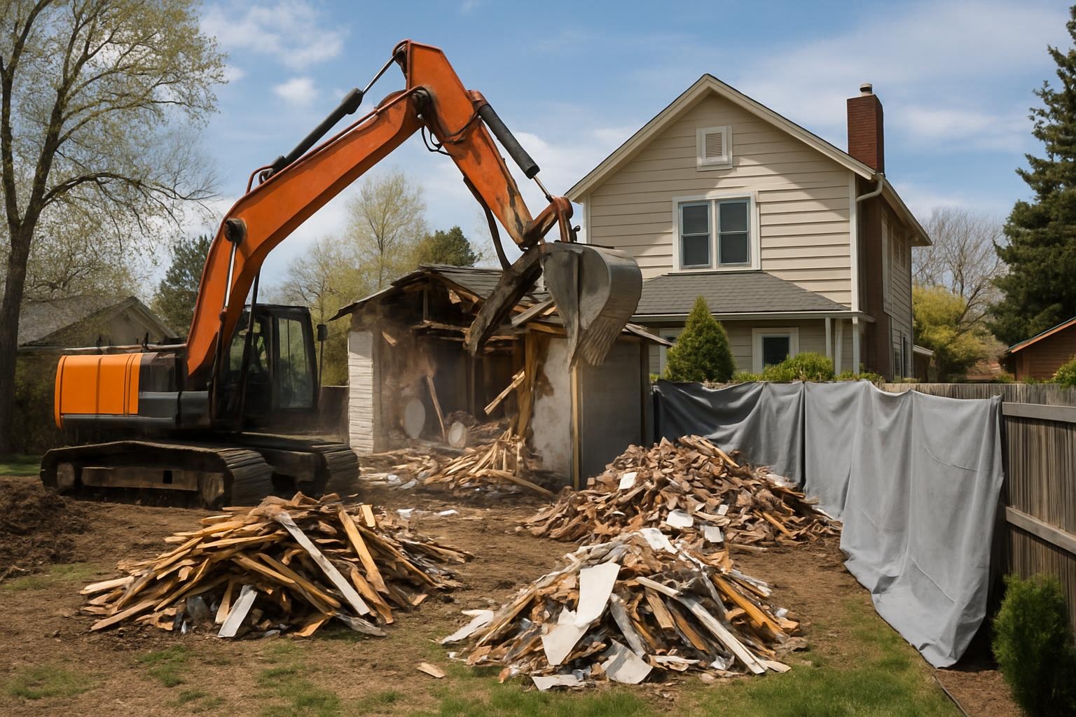 Demolition crew working on a residential demolition project in Denver during ideal seasonal weather