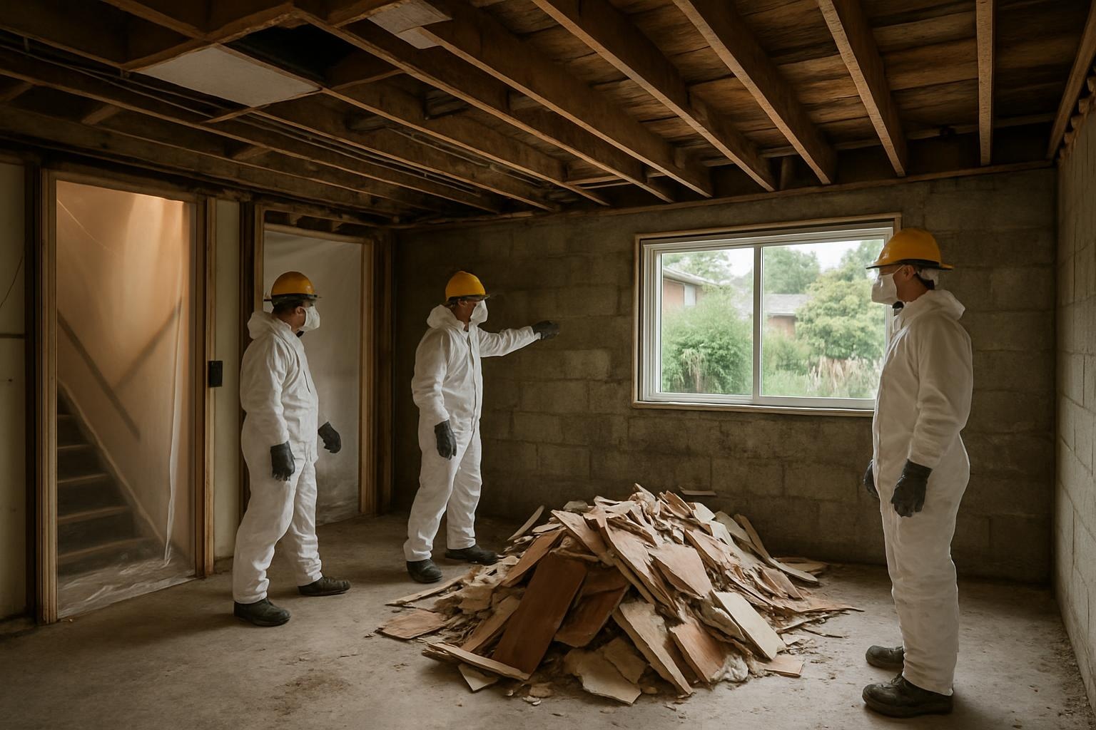 Basement demolition in progress by a demolition crew in Seattle exposing concrete walls and framing for a dry remodel