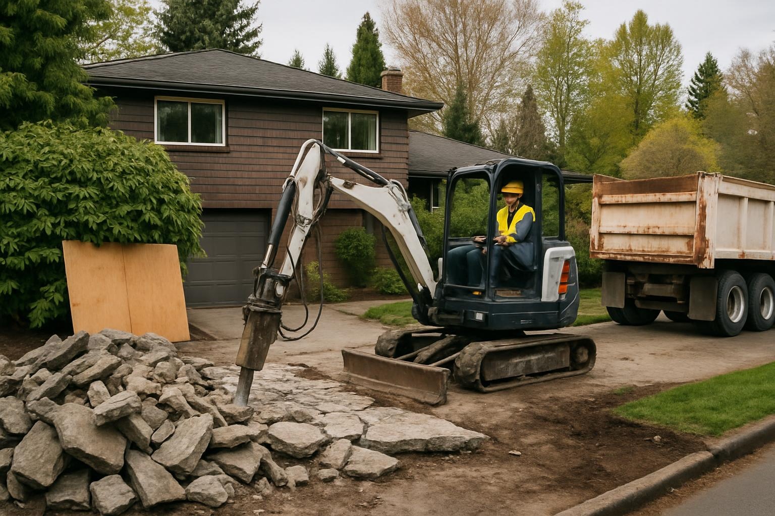 Crew performing concrete driveway demolition in Seattle for Legendary Demolition Company Seattle