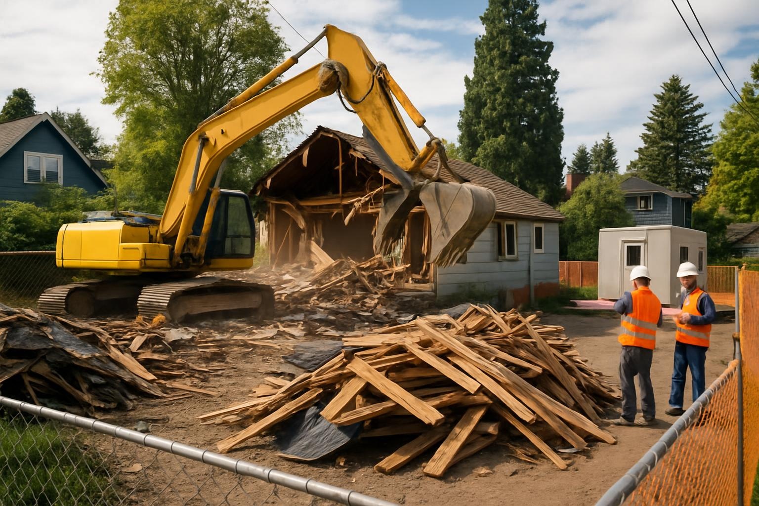 Excavator performing house demolition in Seattle with debris sorting and site protection