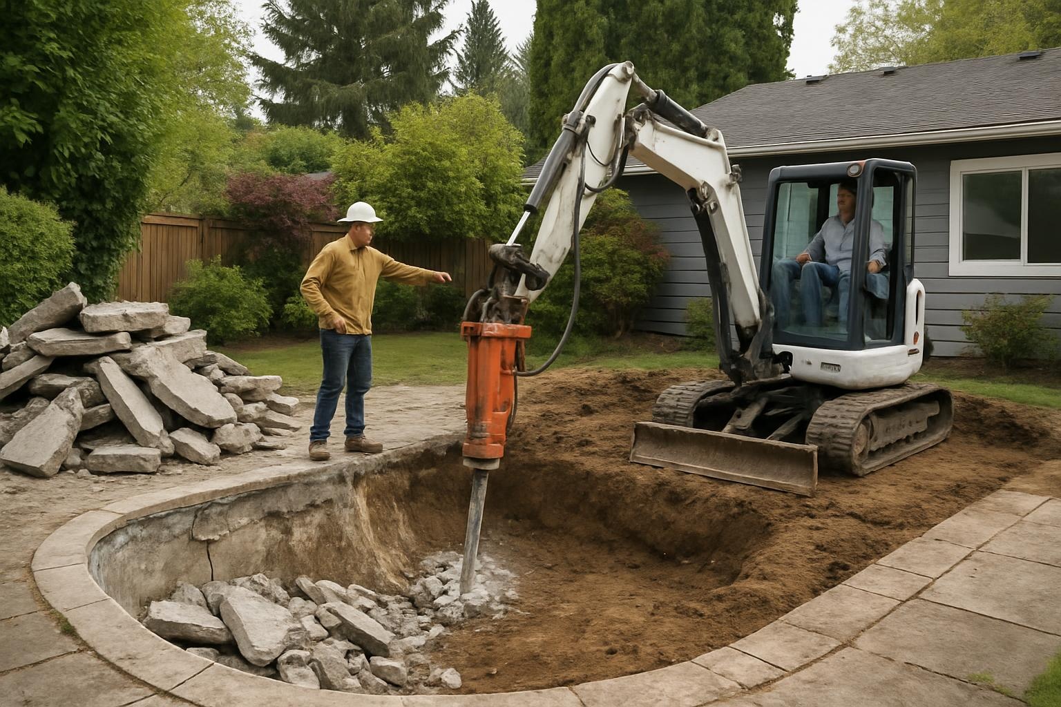 Crew performing pool demolition in a Seattle backyard, breaking concrete and backfilling the former swimming pool area