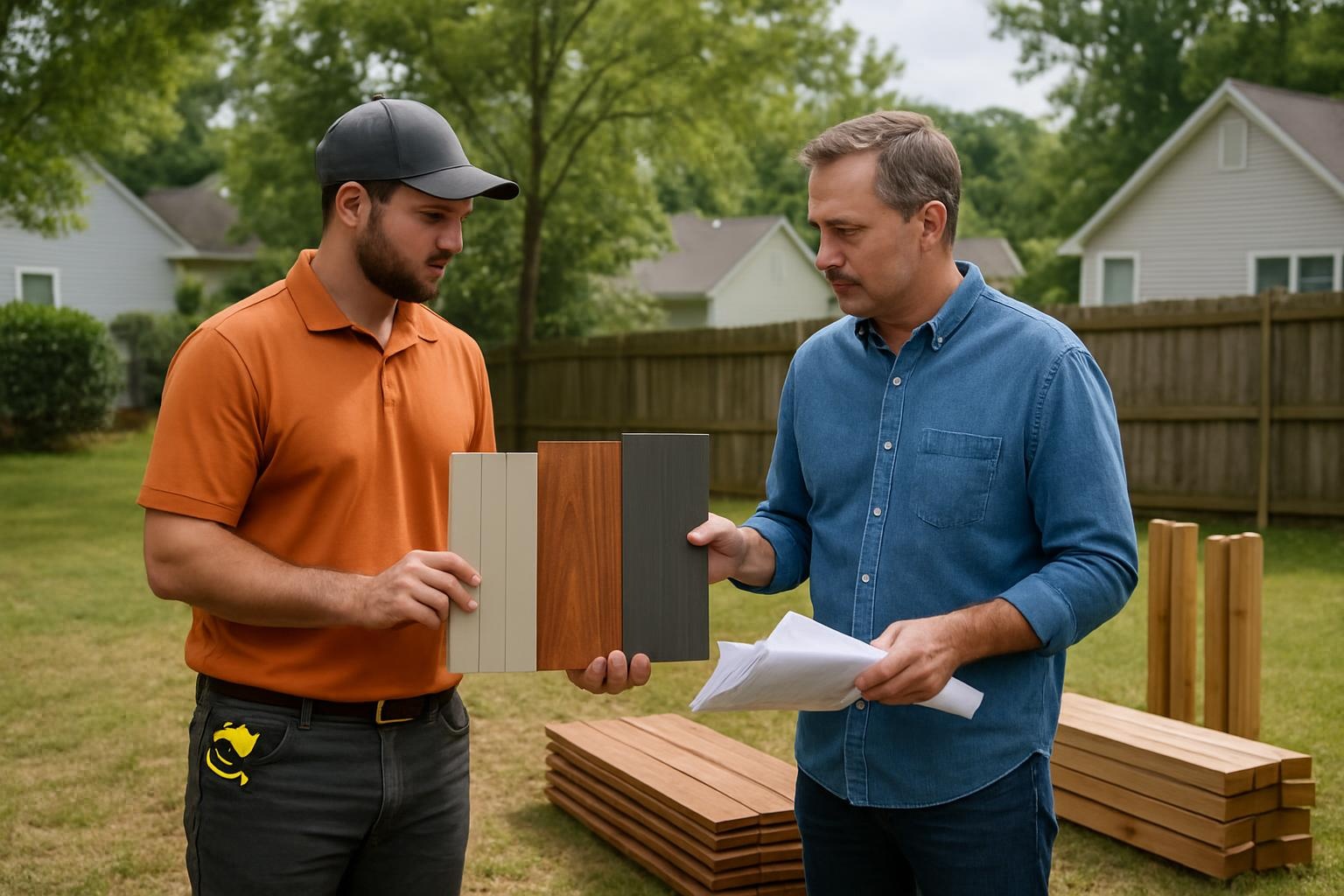 Crew discussing fence installation cost options at an Alpharetta, GA home