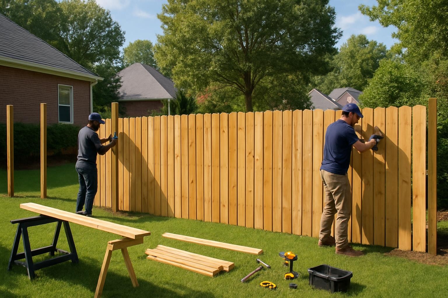 Crew completing fence installation in a residential Alpharetta, GA backyard for Legendary Fence Company Alpharetta