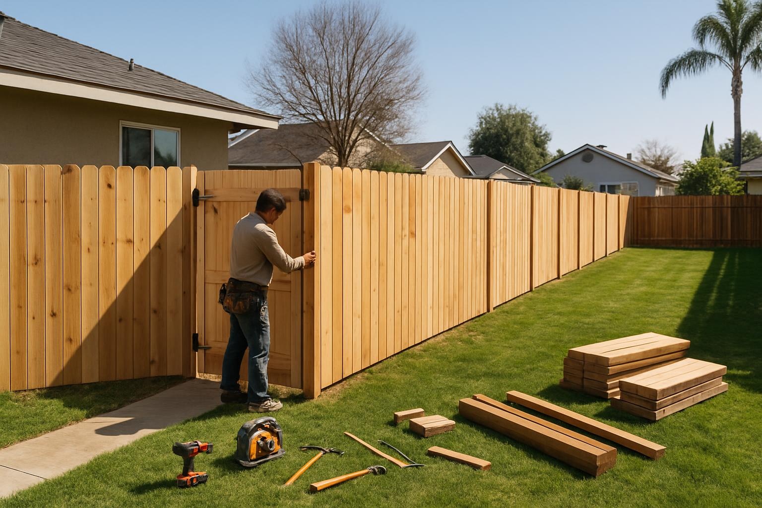 Crew completing backyard fence installation in Bakersfield CA