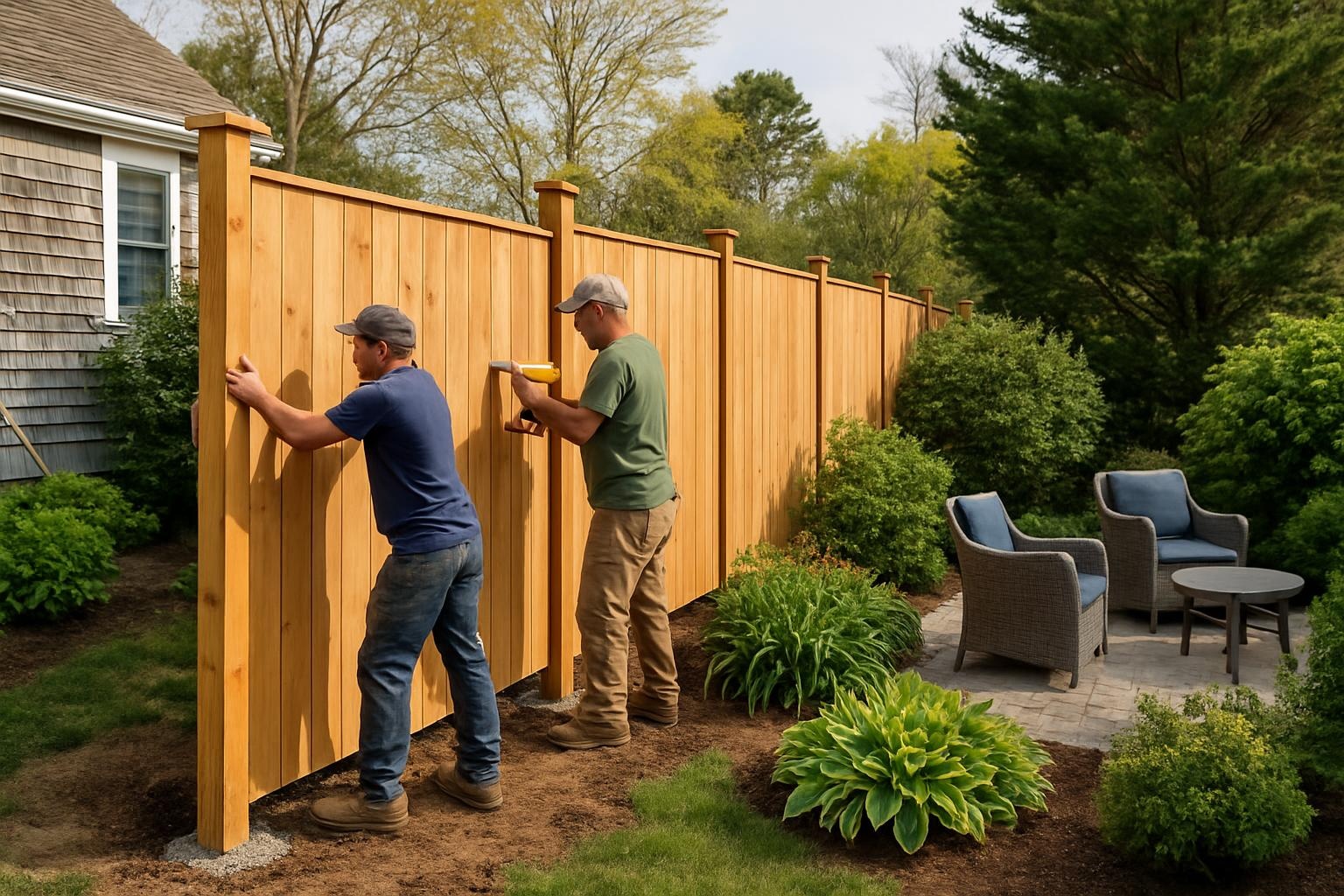 Backyard privacy fence installation in Barnstable MA providing seclusion for a residential yard