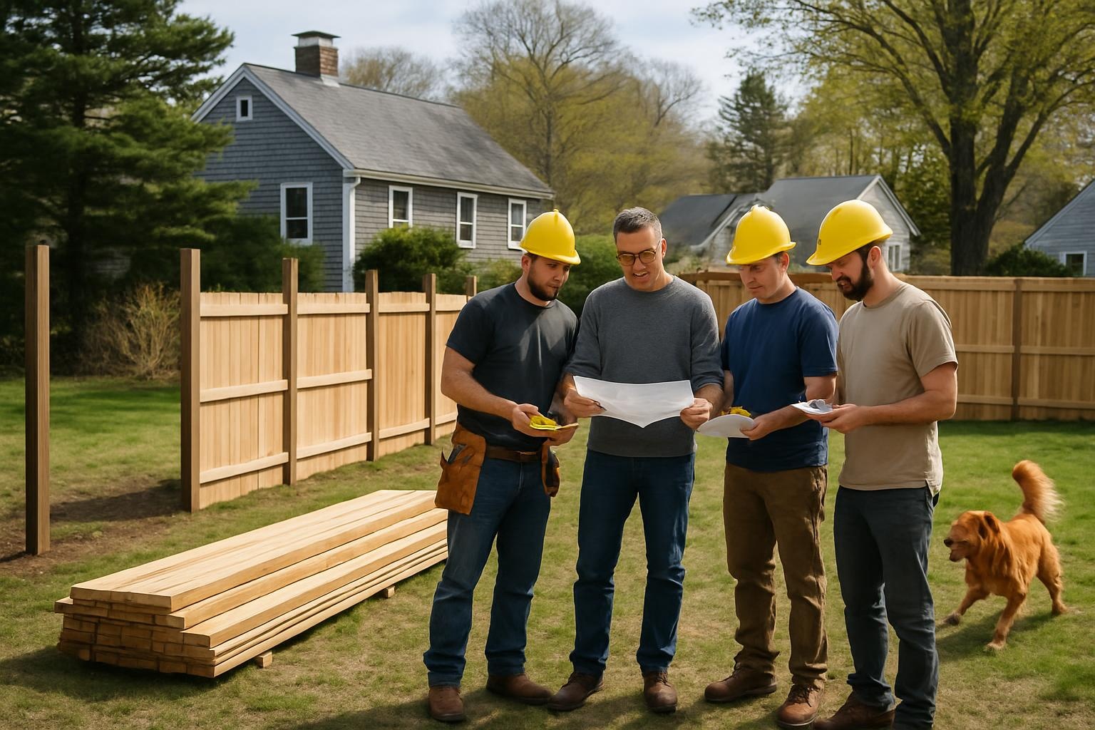 Crew performing fence installation in a Barnstable MA backyard while discussing project cost options