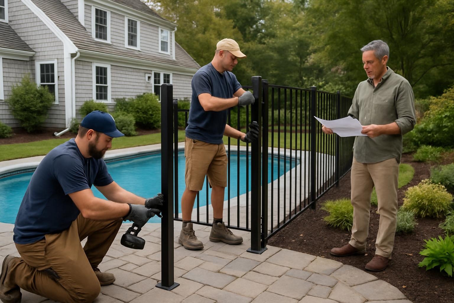 Pool fence installation in Barnstable MA providing a safe code-compliant barrier around a backyard swimming pool