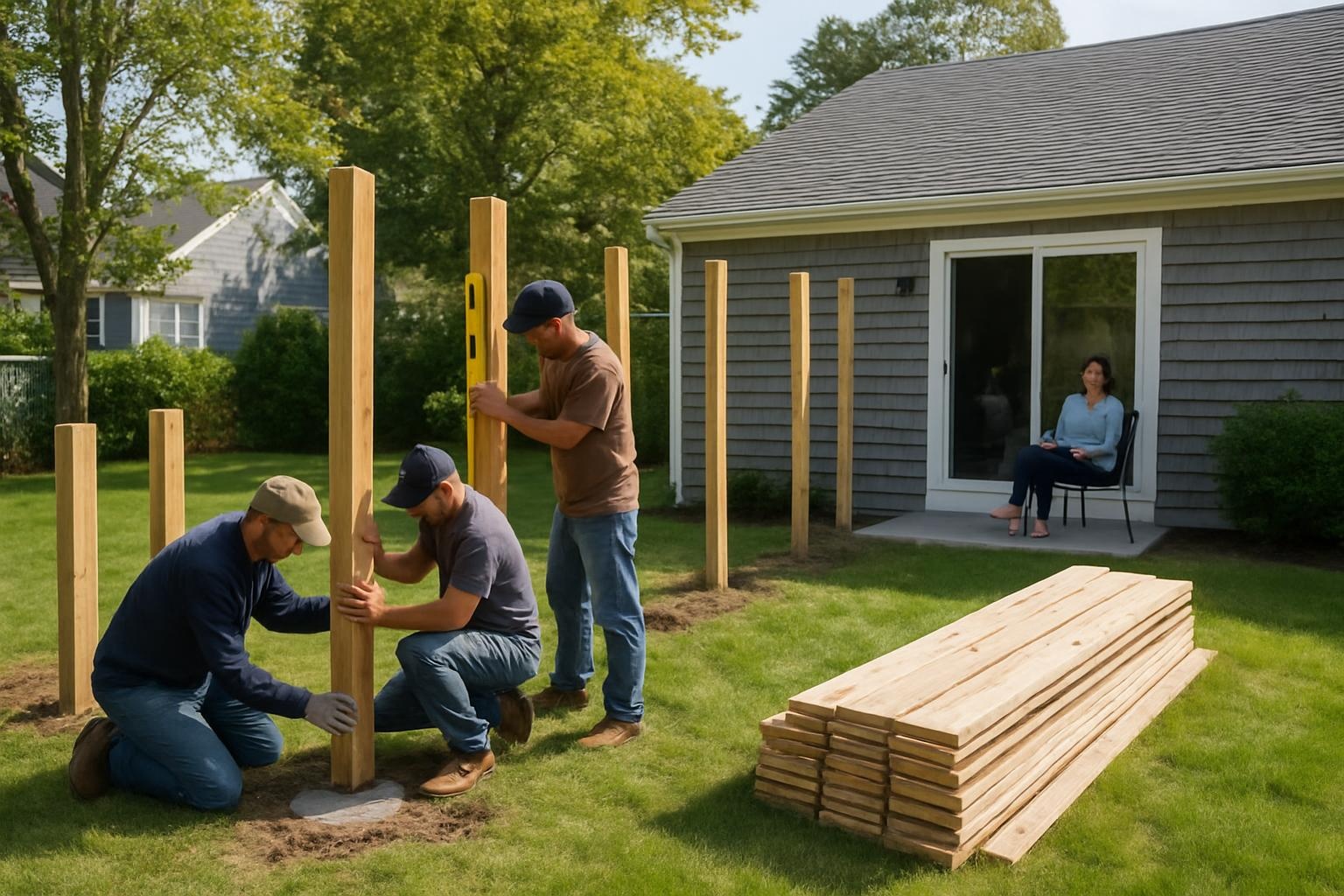 Technician performing fence installation in a Barnstable MA backyard