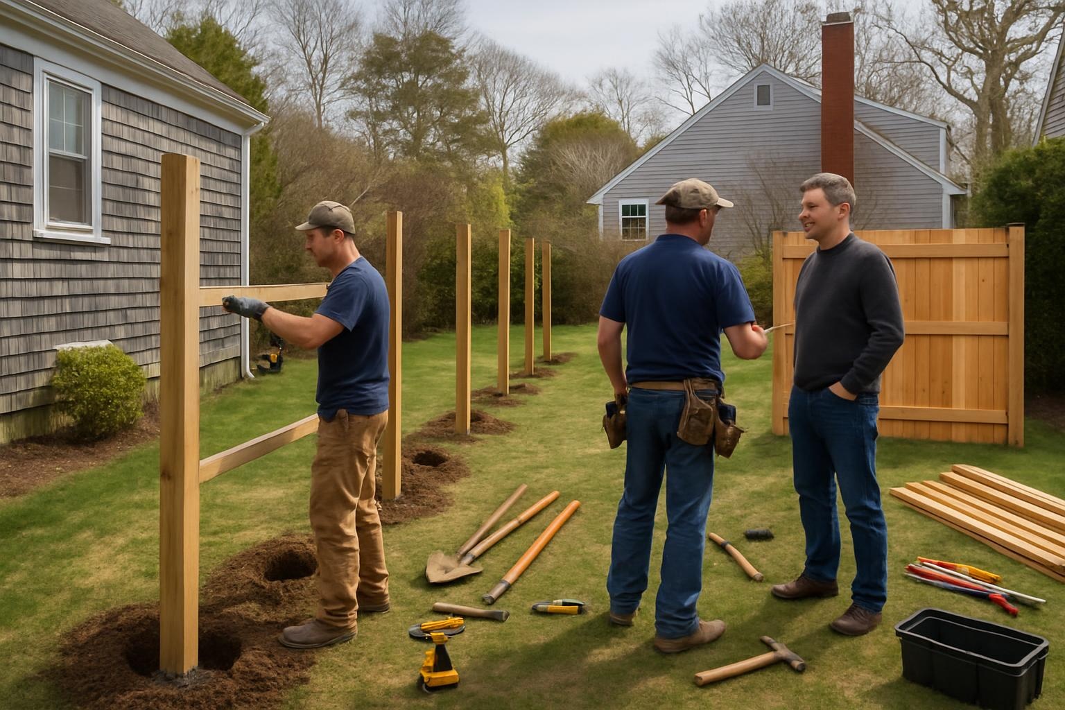 Crew performing fence installation in a Barnstable MA backyard