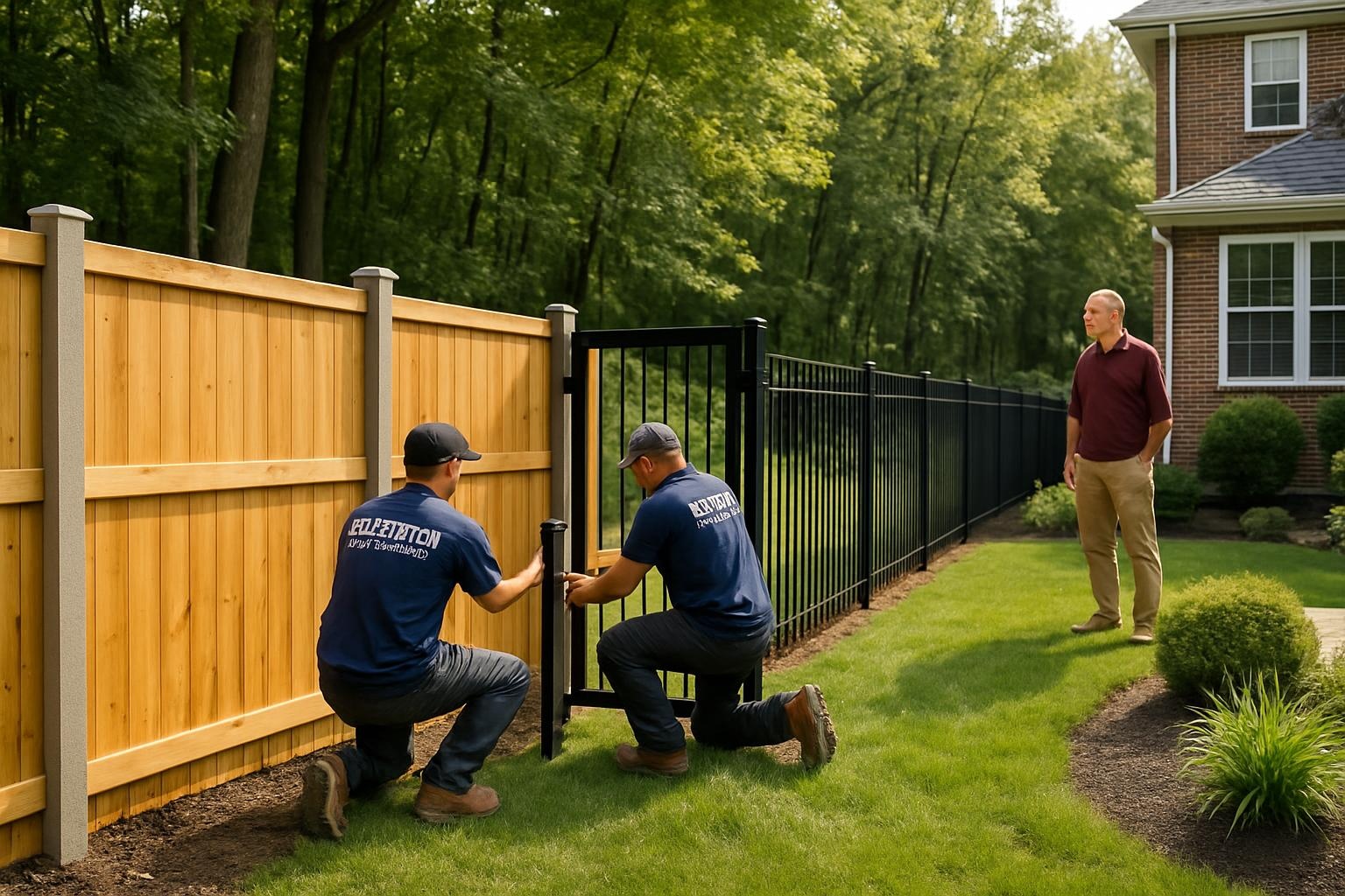 Crew completing fence installation in a Bethlehem PA backyard with posts, panels, and gates being finished