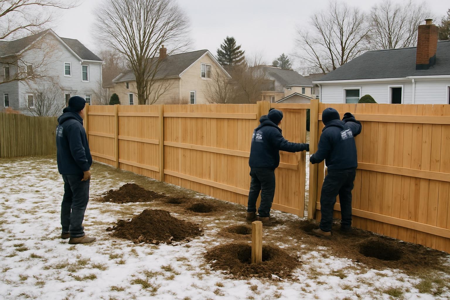 Crew doing winter fence installation in Bethlehem PA backyard