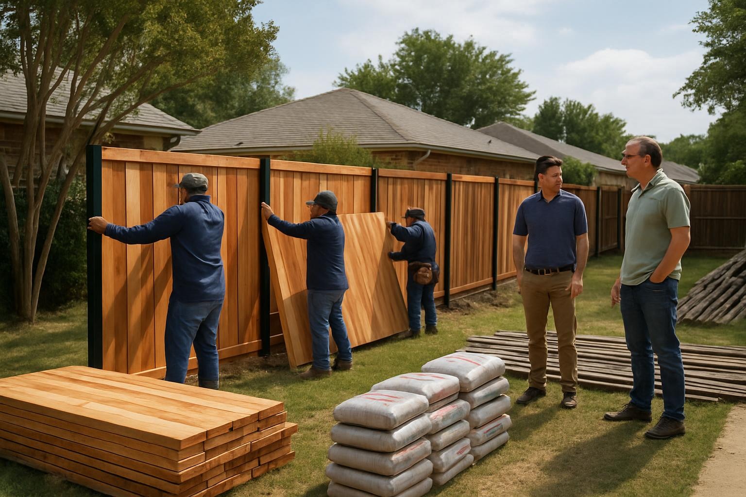 Crew completing a residential fence installation in Dallas TX backyard on a clear day