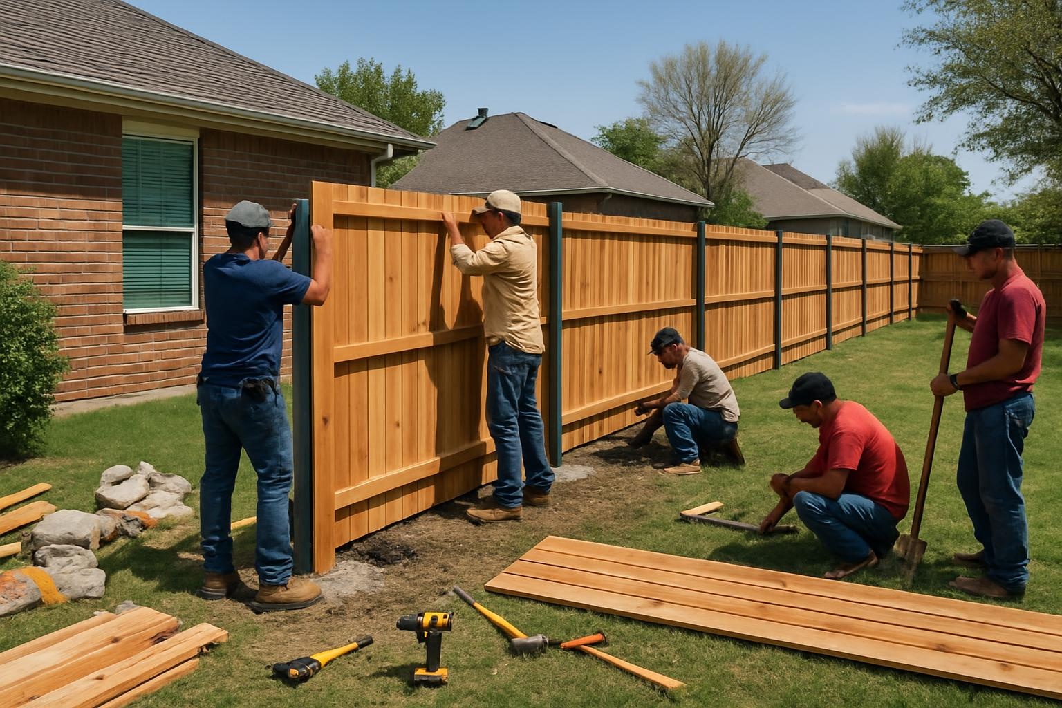 Crew completing a residential fence installation in Dallas TX backyard