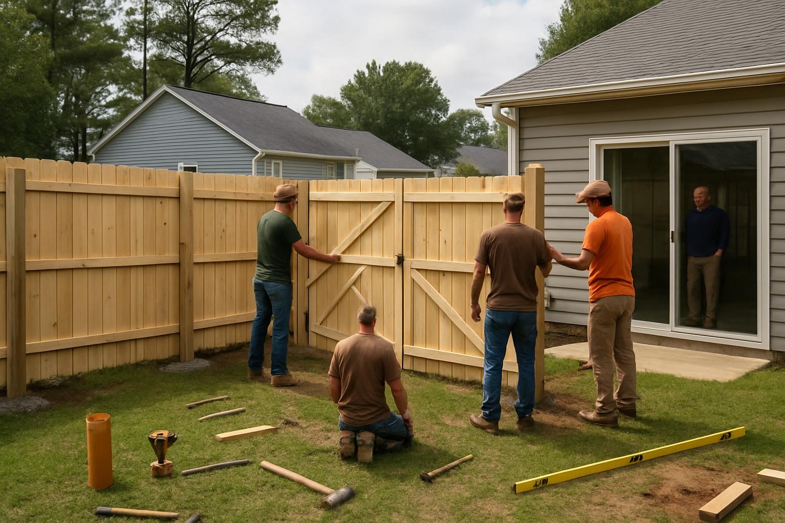Crew completing residential fence installation in Fayetteville, NC backyard